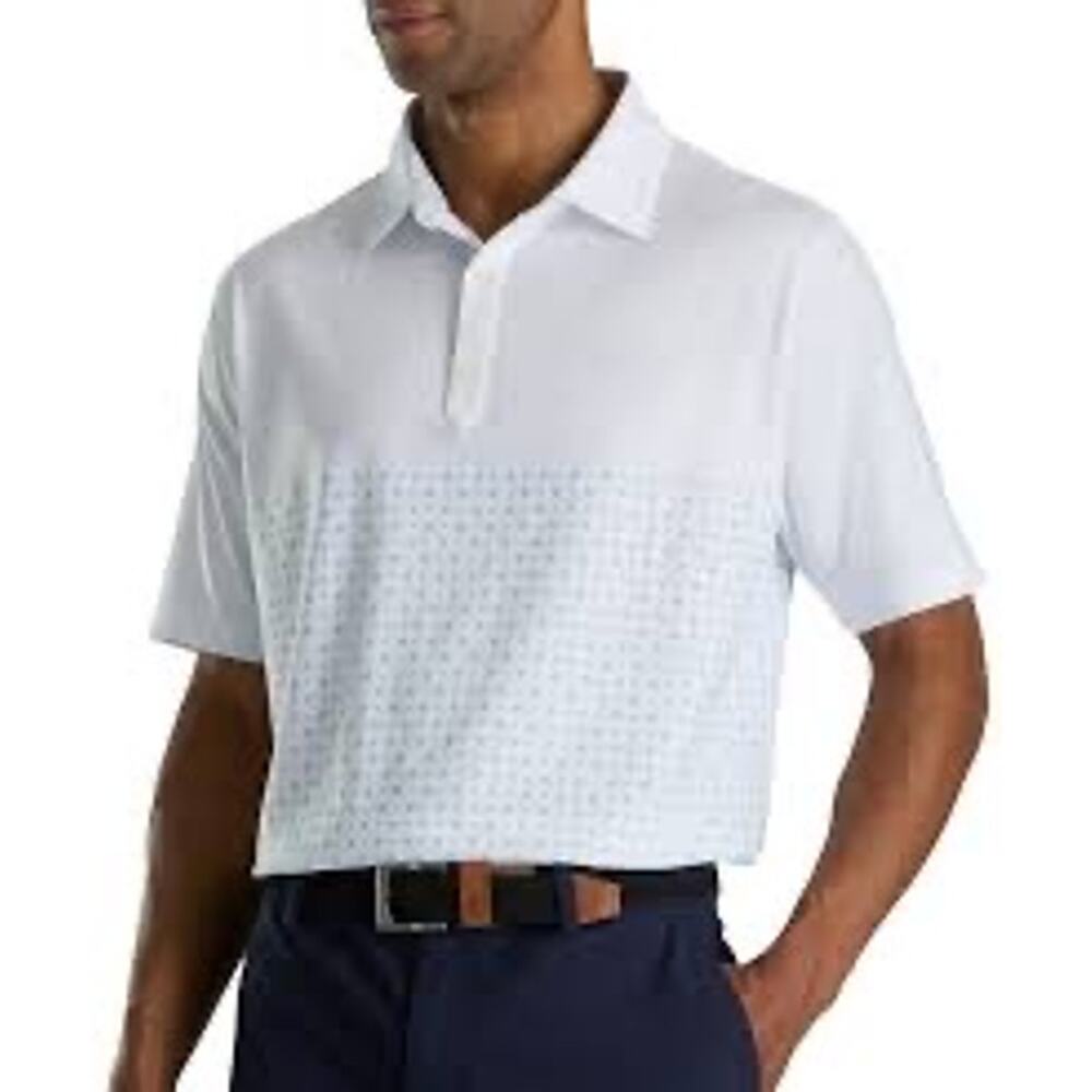 FootJoy Engineered Foulard Print Golf Polo in White/ Light Blue, Size Medium